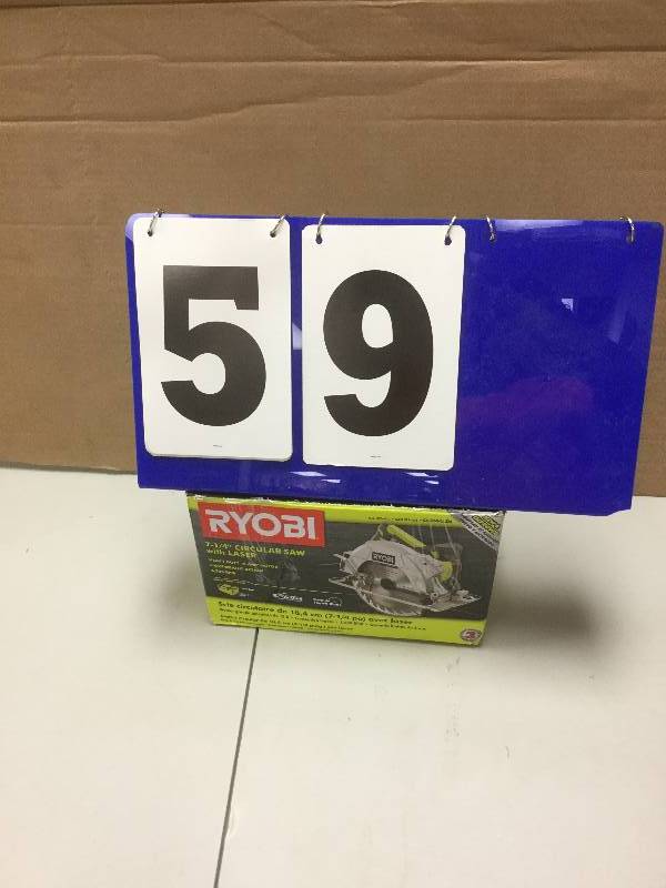 lot 59 image: Ryobi 15 Amp 7-14 in. Circular Saw with Laser open box stock and actual photos used to display item