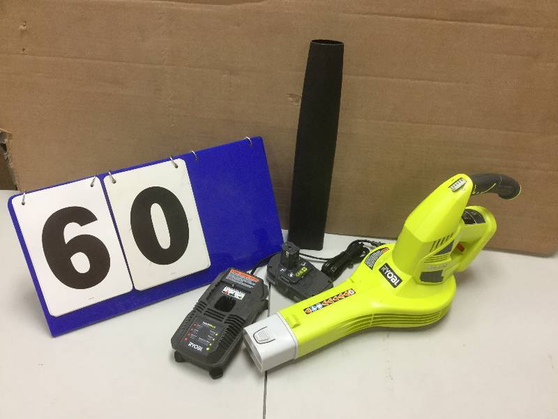 lot 60 image: Ryobi ONE 150 MPH 200 CFM 18-Volt Lithium-Ion Hybrid Cordless or Corded BlowerSweeper - Battery and Charger are Included open box stock and actual photos used to display item