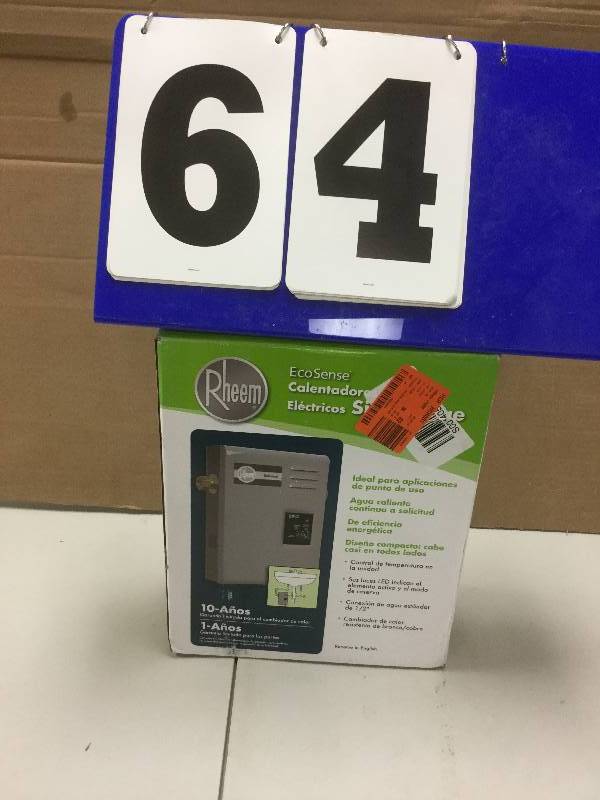 lot 64 image: Rheem EcoSense RETE-13 - 13kW 1.97 GPM Tankless Electric Water Heater  open box stock and actual photos used to display item