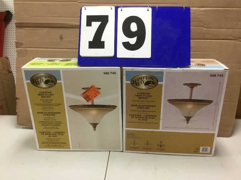 lot 79 image: Set of 2 Hampton Bay Chester 2Light Aruba Teak SemiFlush Mount light open box