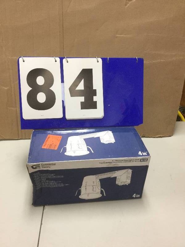 lot 84 image: Commercial Electric 4 in. White Recessed Non-IC Remodel Housing (6-Pack)  open box stock and actual photos used to display item