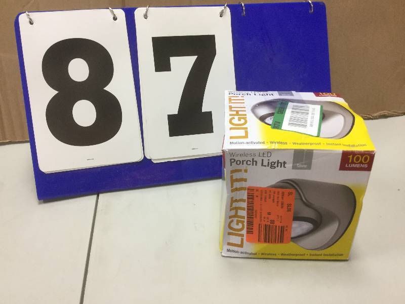 lot 87 image: Light It Silver 6-LED Wireless Motion-Activated Weatherproof Porch Light open box stock and actual photos used to display item