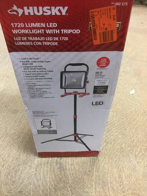 lot 95 image: Husky 5 ft. 1720 Lumen Led Work Light with Tripod open box stock and actual photos used to display item