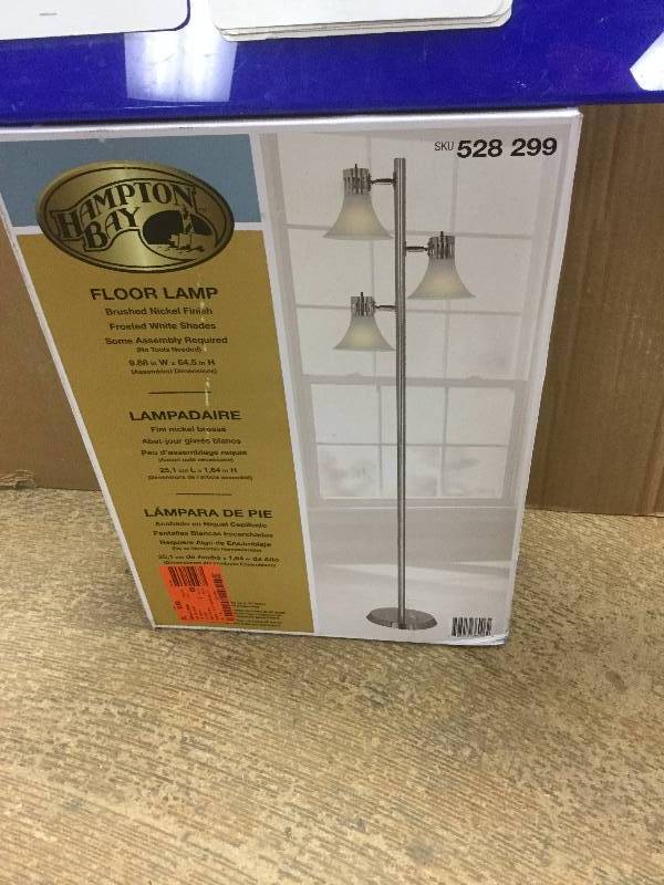 lot 96 image: Hampton Bay 64-12 in. Brushed Nickel Floor Lamp open box stock and actual photos used to display item