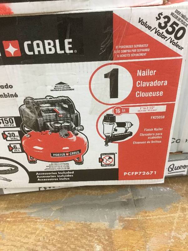 lot 107 image: Porter-Cable 6 Gal. 150 psi Air Compressor and 16-Gauge Nailer Combo Kit open box stock and actual photos used to display item