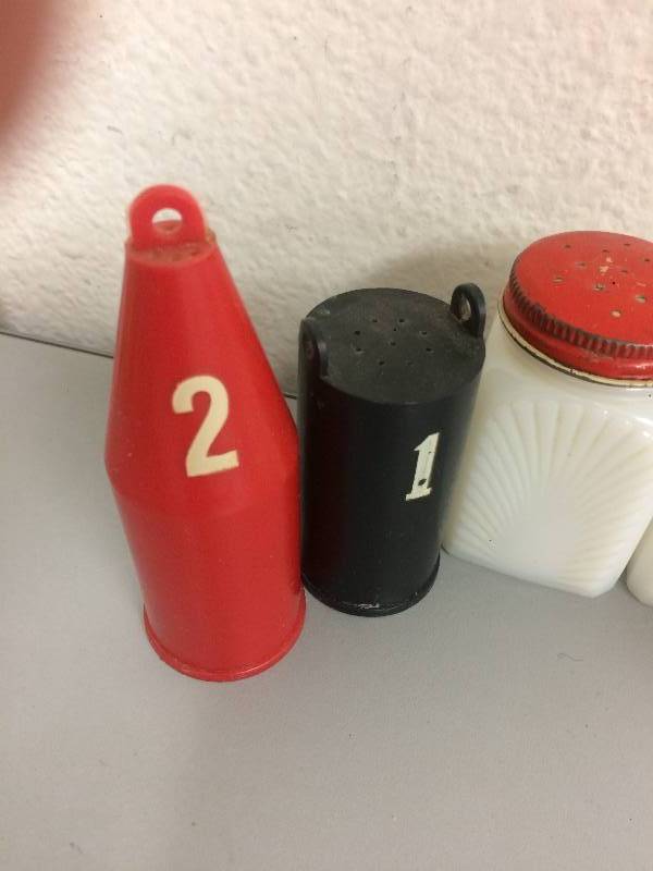 lot 66 image: Buoy, Milk Glass, Mailbox Salt and Pepper Shakers
