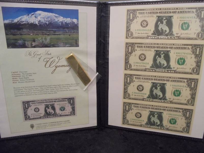 Lot of 4 Uncut US $1 Notes, Wyoming Commemorative Stickers