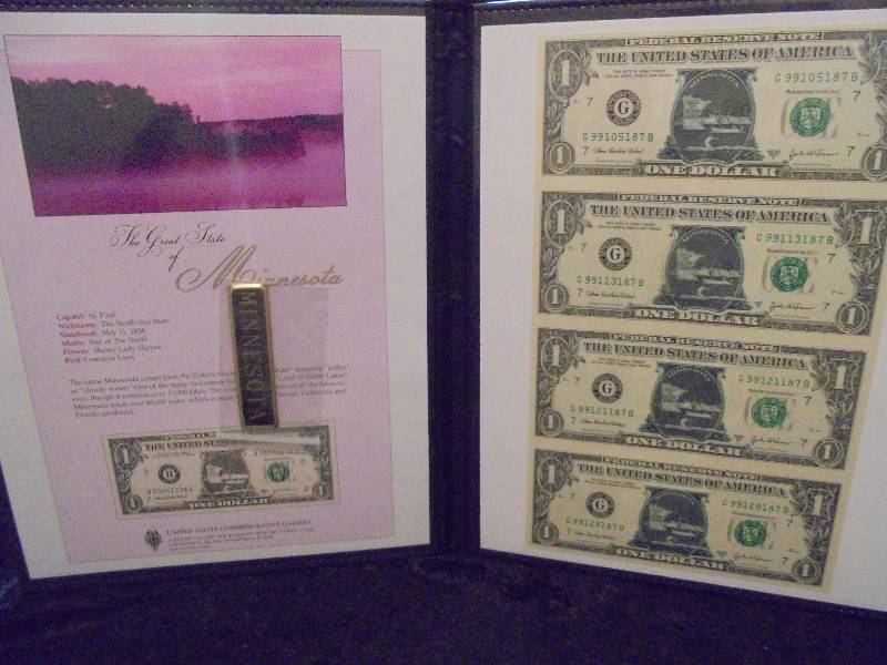 Lot of 4 Uncut US $1 Notes, MINNESOTA Commemorative Stickers