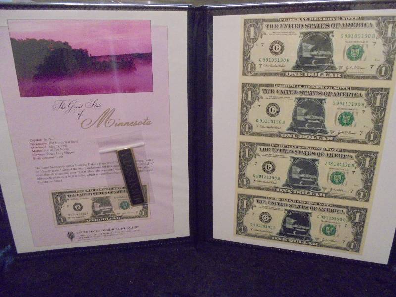 Lot of 4 Uncut US $1 Notes, MINNESOTA Commemorative Stickers