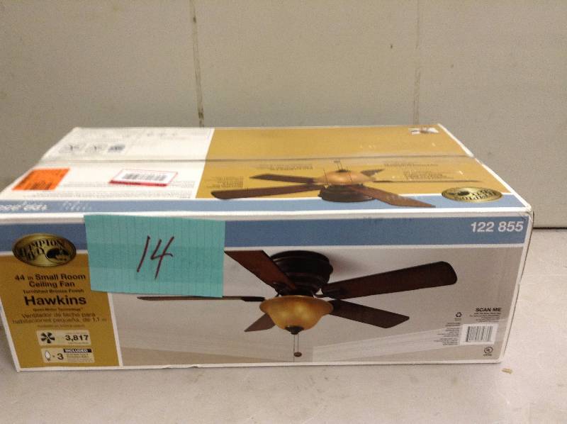 lot 14 image: Hampton Bay Hawkins 44 in Small Room Ceiling fan never used