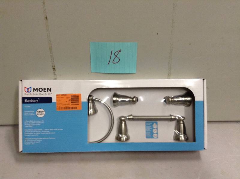 lot 18 image: Moen Bancury 3 PC Bath Accesoty Kit Never used