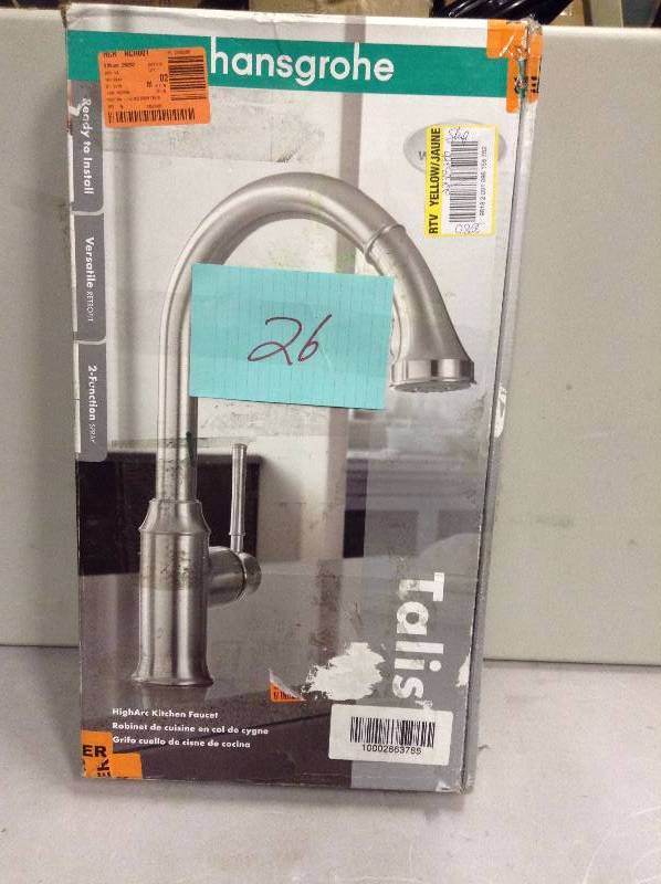lot 26 image: Hansgrohe High Arc Kitchen Faucet Stock and actual pictures used to display item