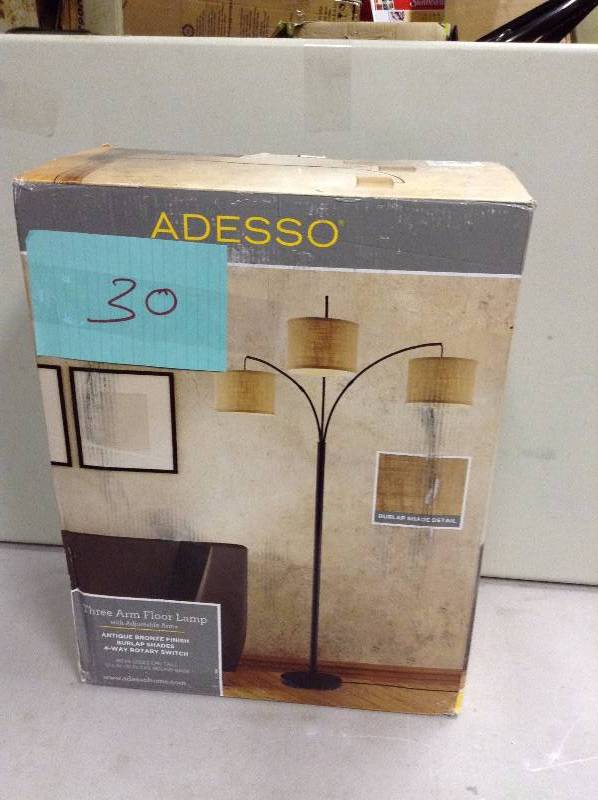 lot 30 image: Adesso Three Arm Floor Lamp 78 in. Antique Bronze Finish Burlap Shades Arc Lamp Never Used