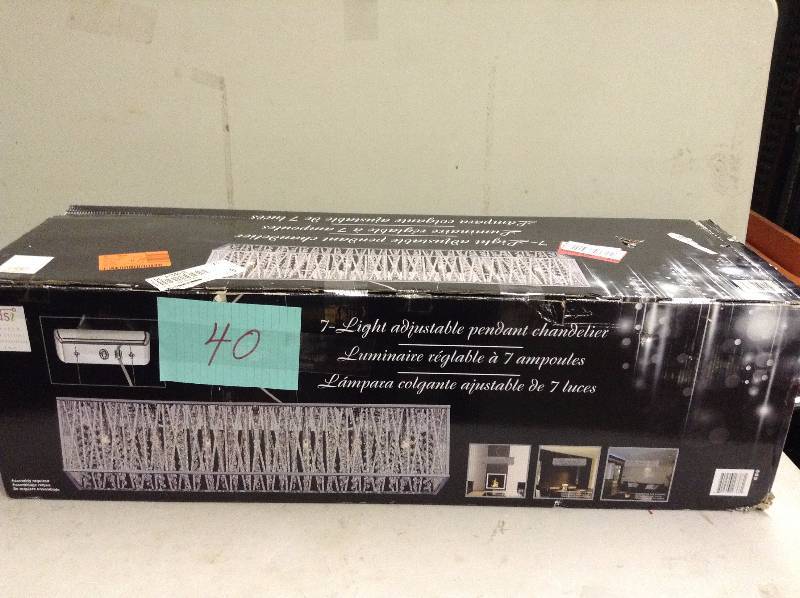 lot 40 image: DSI 7-Light Chrome Rectangular pendant with Woven Laser Cut Crystal Shade Never Used