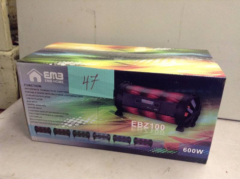 lot 47 image: EMB - EBZ100 Rechargeable Portable Boombox Speaker System 600w Colorful LED Light Never Used