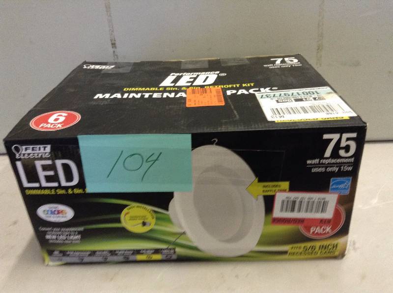 lot 104 image: Feit Electric LED Dimmable 5 in and 6 in Never used 6 pack box