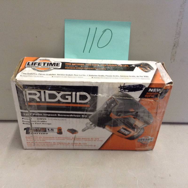 lot 110 image: Ridgid 12v Palm impact Screwdriver Kit Never used