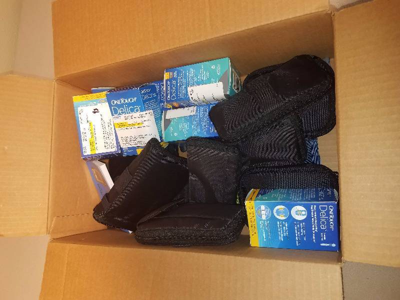 Box of diabetes testing supplies