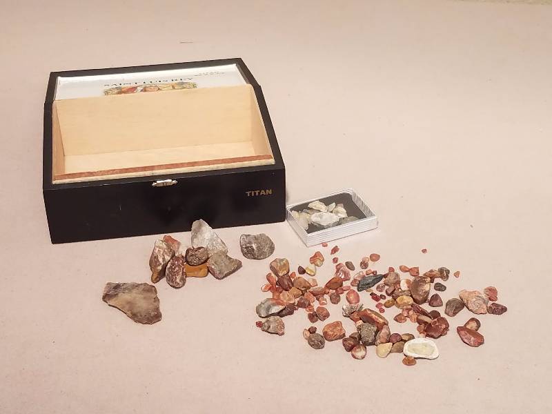 Cigar Box and Bag of Agates
