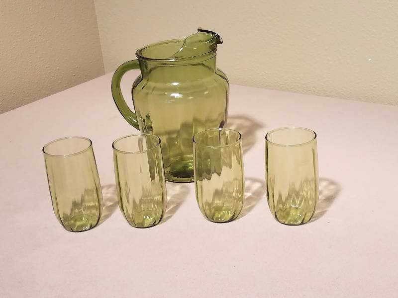 Green Depression Glass Pitcher Set