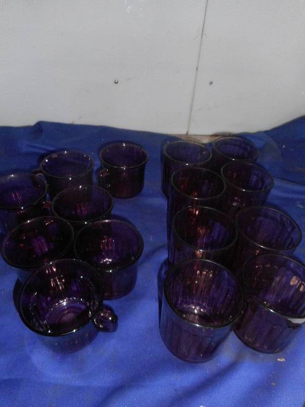 9 AMITHIST GLASSES AND 7 CUPS
