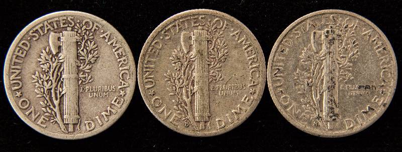 GROUP OF 3 MERCURY SILVER DIMES 1939, 1942D & 1944S
