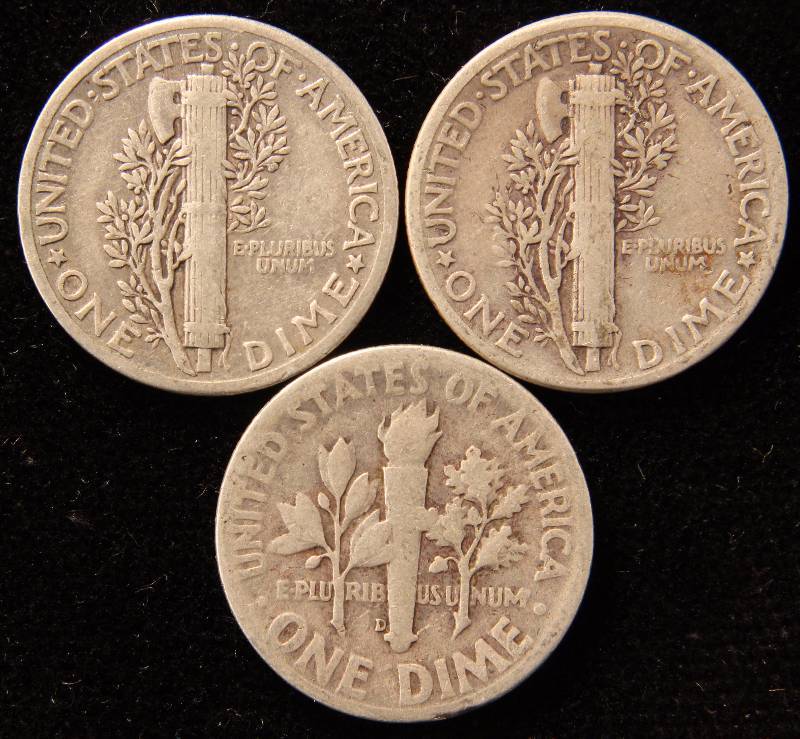 GROUP OF 3 SILVER DIMES 1939, 1945 MERCURY & 1946-D ROOSEVELT