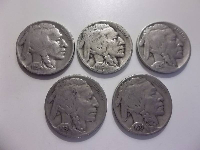 1934 D, 1935 D, 1936 S, 1936 D, 1937 D, 1938 D Buffalo Nickels Readable To Strong Dates