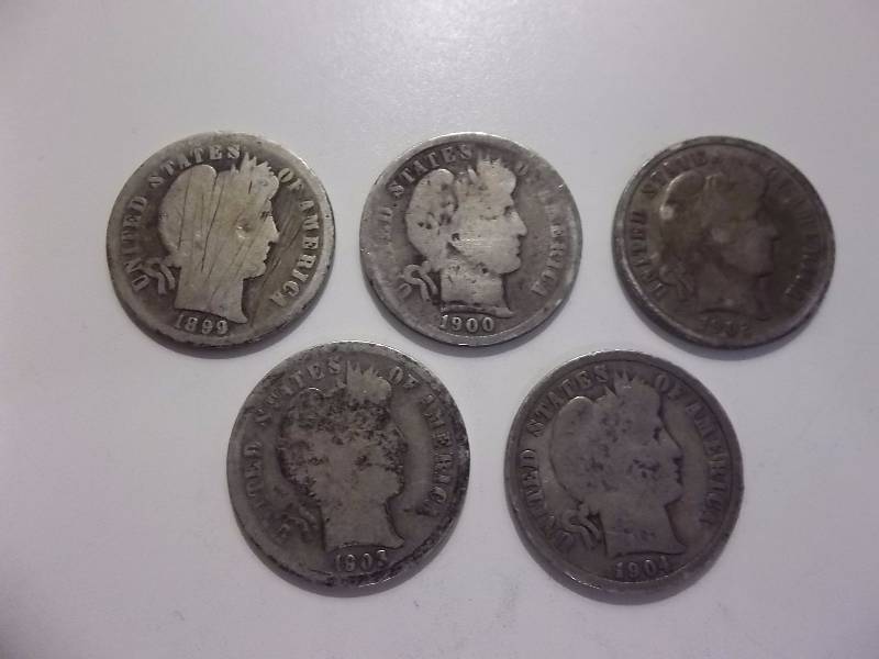 1899, 1900, 1902, 1903 O, 1904 S (1904 S Grey Sheets Price $50.00) Barber Dimes