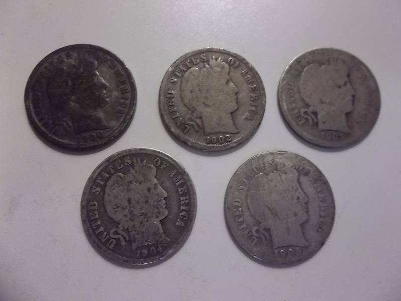 1900,  1902 S, 1903 O, 1904, 1905 Barber Dimes