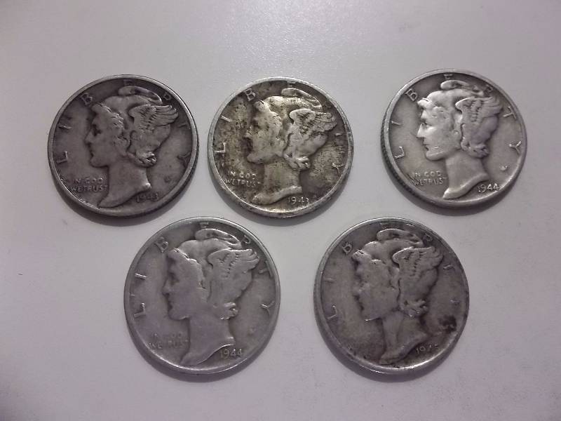 1943, 1943 S, 1944, 1944 D, 1945 S Mercury Dimes Better Grades