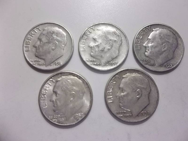 1956, 1957. 1957, 1957 D, 1958 Roosevelt Dimes