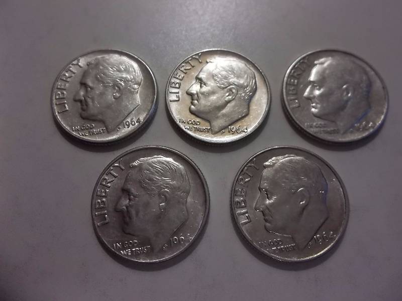 5- 1964 D Roosevelt Dimes Unc