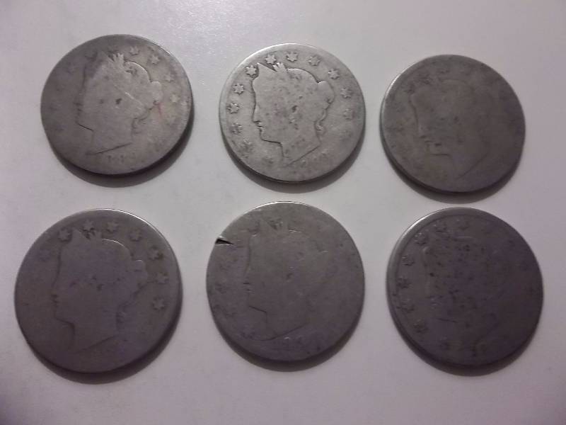 1883, 1884, 1887 V-Nickels Well Circulated -6 In All