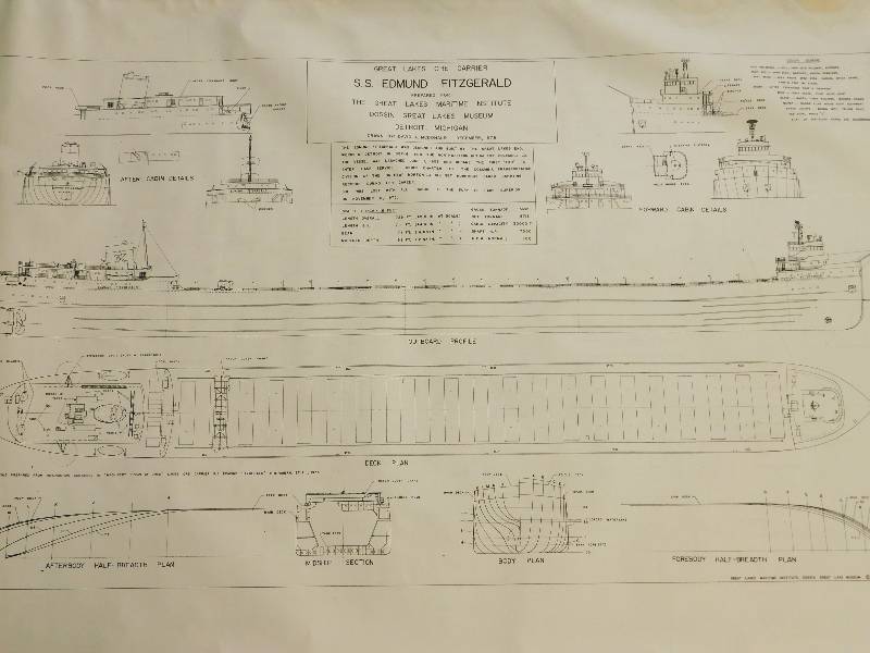 lot 20 image: Lot of 3 RARE 55 Blueprints of the Ill-Fated Edmund Fitzgerald Freighter