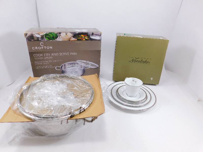 lot 57 image: NIB Crofton 11 in Cooking Pan & Noritake 5-Piece Dinnerware