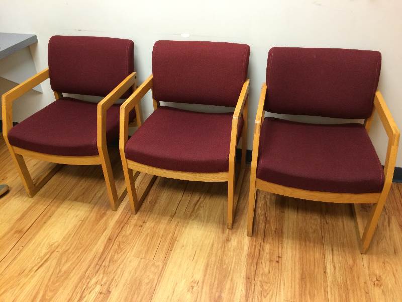 lot 13 image: Wow 3 Amazing Retro Stylish High Quality Mid Century Danish Modern Murphy Miller For Hon Sled Base Burgundy Wool & Oak Office Guest Side Arm Chair - Great Condition