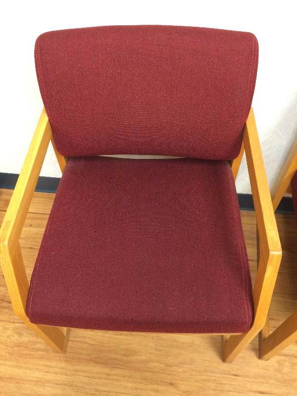 lot 38 image: Wow 2 Amazing Retro Stylish High Quality Mid Century Danish Modern Murphy Miller For Hon Sled Base Burgundy Wool & Oak Office Guest Side Arm Chair - Great Condition