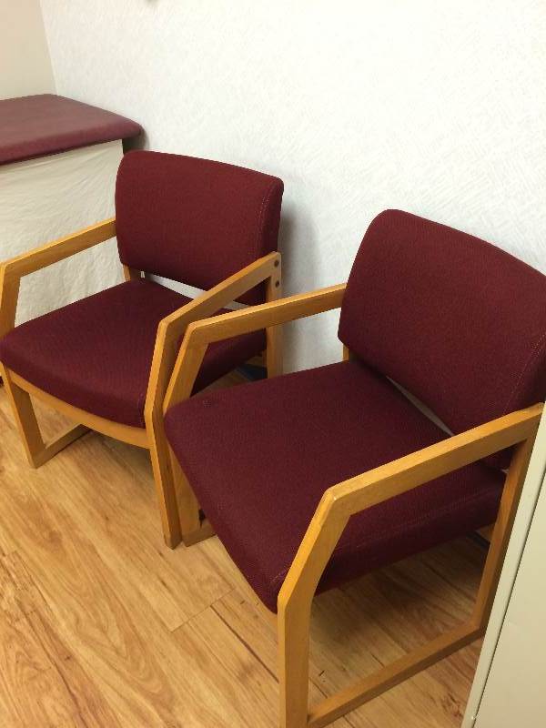 lot 51 image: Wow 2 Amazing Retro Stylish High Quality Mid Century Danish Modern Murphy Miller For Hon Sled Base Burgundy Wool & Oak Office Guest Side Arm Chair - Great Condition