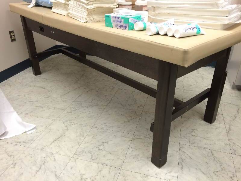 lot 41 image: Retails $800 Bailey Manufacturing Table wAdjustable Back Extra Heavy Duty H-Brace Medical Examination Exam Upholstered Padded Treatment Table & Paper Roll Dispense Rod - Excellent Condition Could be used for massage as well