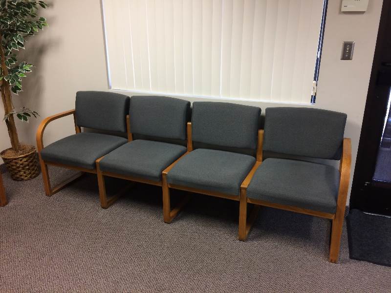 lot 54 image: WOW Retails New $2800 High Quality Lesro Industries Weston Medium Oak Finish Sweeping Transitional Arm Reception Lobby Charcoal Guest Sled Base 4 Seat Sofa - Super Condition