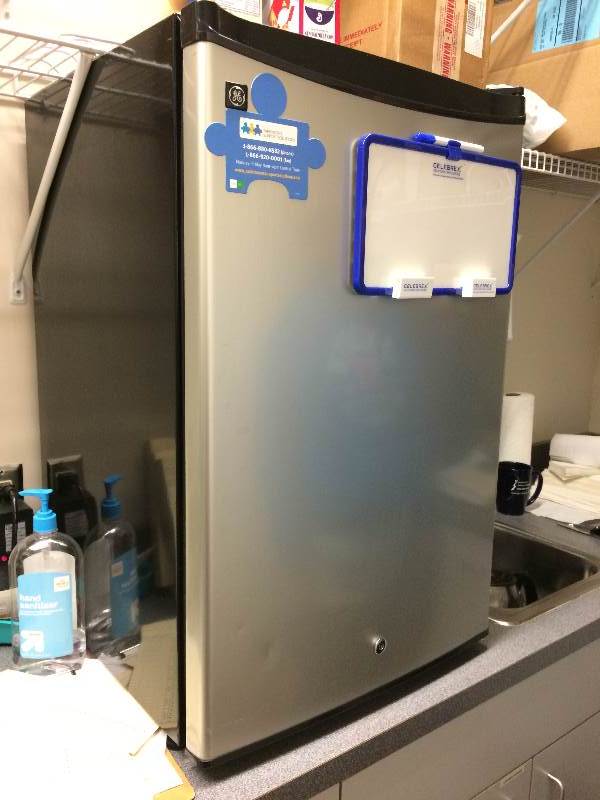 lot 80 image: GE Stainless Look Locking Medical Refrigerator Mini Fridge With Freezer Includes Key Excellent Condition