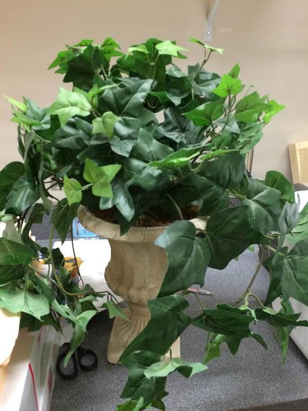 lot 87 image: File Folders & Grecian Stone Urn With Artificial Plant