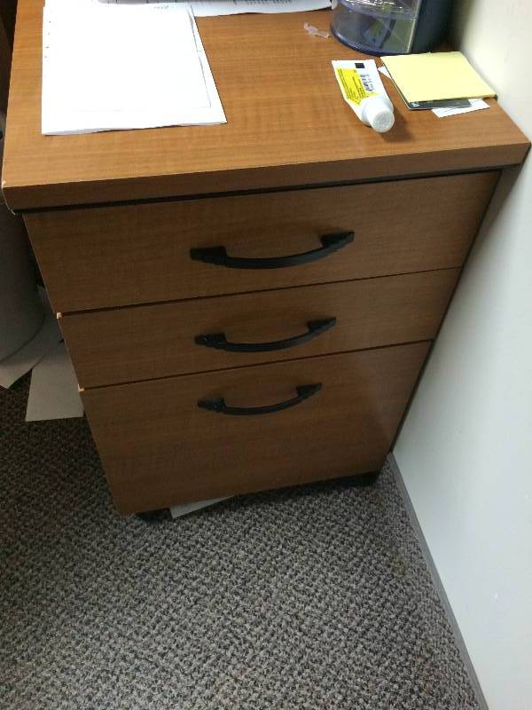 lot 26 image: NICE WOOD 3 DRAWER FILING CABINET WITH BLACK ACCENTS - EXCELLENT CONDITION
