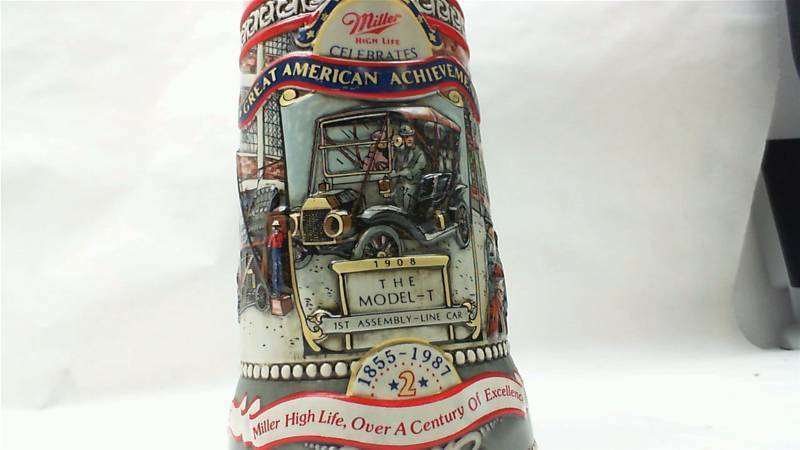 lot 24 image: Set of 4 Beer Steins, American beer Brands Budweiser Miller, 2 Avon Blacksmith, Ship builder