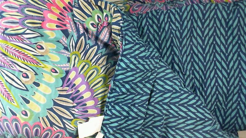 lot 538 image: Bright Queen Comforter Set with sheets, pillow cases, bed skirt pink, blue, purple & green