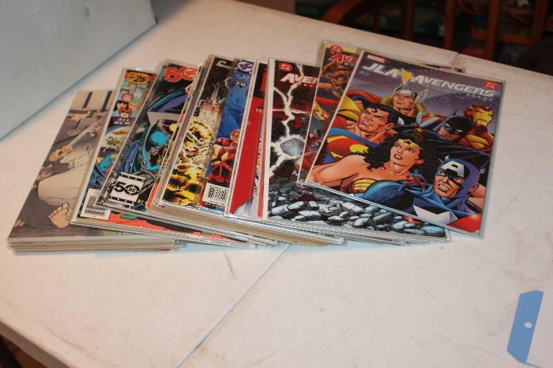 lot 47 image: Lot of (25) Marvel Comics Avengers, Wolverine, Kick-Ass, Green Arrow, Hulk, Shazam, Swamp Thing, Teen Titans, Justice League of America, Tarzan, ROM, Crisis, The Thing, Frankenstein, Planet of the Apes, The Worm, And More Comic Books