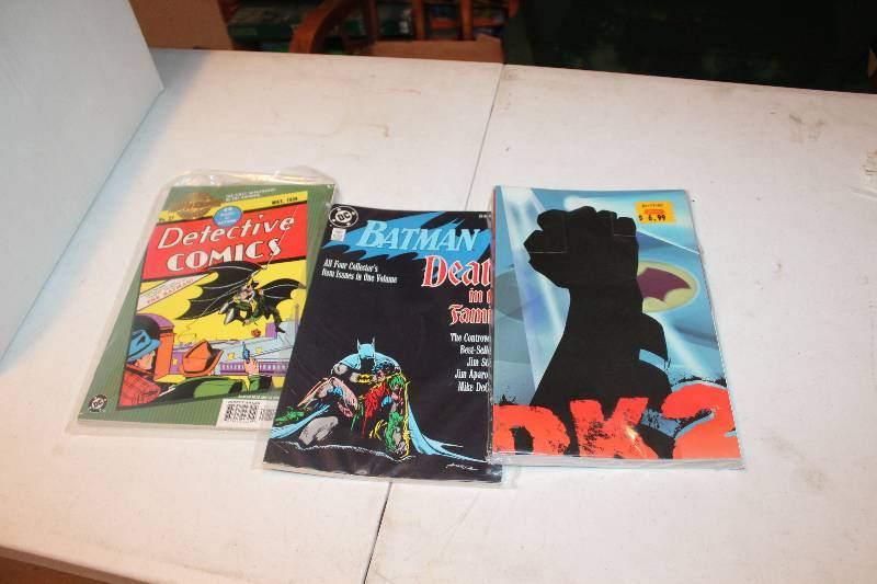 lot 65 image: Lot of (8) Vintage 1938, 1939 DC Comics Action Comics, Detective Comics, Batman, Dark Knight 2, Set of 3 The Dark Knight Strikes Again, Justice League of America, Comic Books