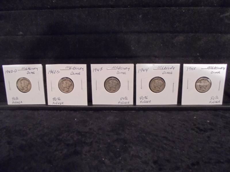 Lot - Mercury Dimes, 1942D, 1942S. 1943, 1944, 1945