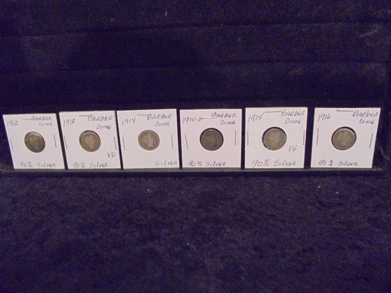 Lot - Barber Dimes, 1912, 1913, 1914, 1914D, 1915, 1916